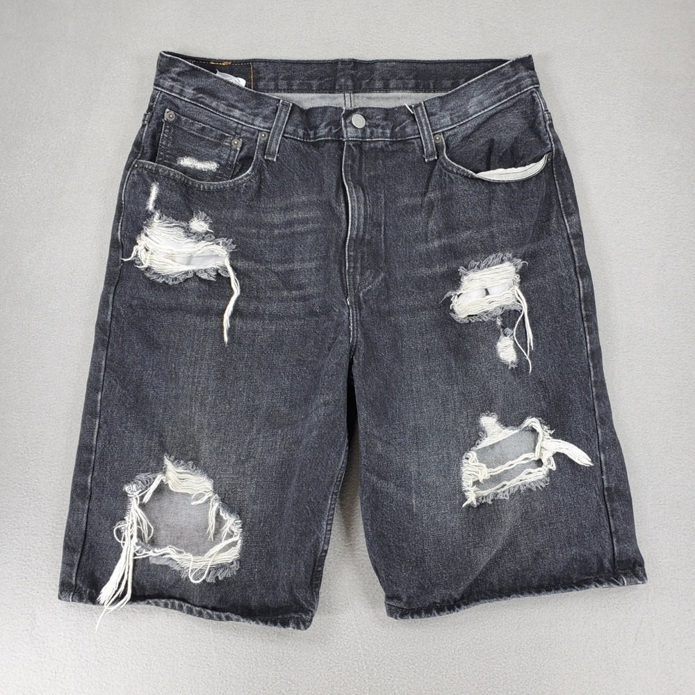 Levis 569 Loose Straight‎ Denim Shorts Mens 34 Black Distressed Ripped Jorts